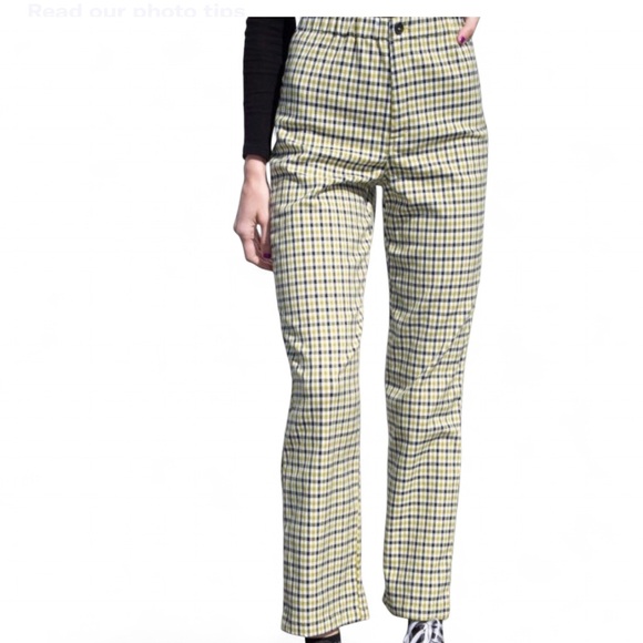 BRANDY MELVILLE Green & Black Plaid Trousers Elastic Waist & Zipper S Exellent - Picture 1 of 8
